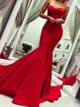 Abendkleider Herz-Ausschnitt Hochzeit ärmellos Rot Satingewebe Formelle Kleider Mermaid- mit Reißverschluss Mit Schleppe 45cm