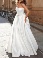 Vintage Wedding Dress Strapless Sleeveless  Satin Fabric Floor Length Bows Traditional Dresses For Bride