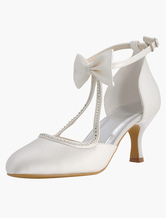 White Wedding Shoes 2024 Satin Pointed Toe Bow Bridal Shoes Vintage Wedding Shoes