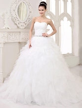 Ivory Tiered Organza Ball Gown Wedding Dress with Chapel Train Milanoo