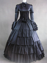 Vestido victoriano Traje Vestido de fiesta Negro Satén Volantes Mangas largas Época victoriana Trajes Disfraces retro Halloween