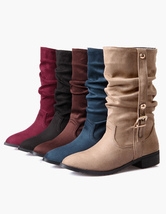 Buckle Pointed Toe Micro Suede Mid Calf Boots 
