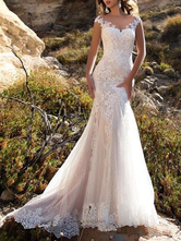 Brautkleid 2024 V-Ausschnitt Meerjungfrau ärmellose Spitze Verschönerung klassische Brautkleider mit Schleppe