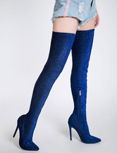 Высокие сапоги до бедра; женские эластичные ботинки на каблуке-шпильке из ткани с блестками и острым носком