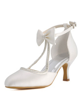 Sapatos de casamento de marfim cetim redondo Toe strass Bow Vintage sapatos de noiva