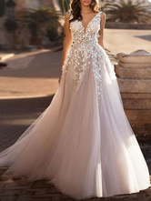 A Linie Brautkleid Peach Brautkleider große Größen Tüll V-Ausschnitt ärmellos A Linie Hochzeitskleid