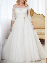 Wedding Dresses 2024 A Line Jewel Neck Half Sleeve Floor Length Tulle Lace Vintage Bridal Gowns