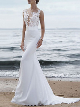 Vestidos de novia sencillos de silueta sirena sin mangas Vestido nupcial para boda en playa de encaje escote redondo cintura natural Vestido de línea A con cola
