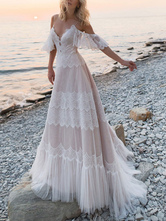 Boho Wedding Dresses 2024 A Line Deep V Neck Straps Lace Short Sleeve Bridal Gown For Beach Wedding With Sweep Train
