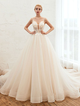 Wedding Dress 2024 A Line V Neck Sleeveless  With Train Tulle Bridal Gowns