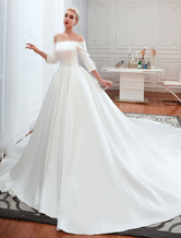 Brautkleider Vintage Prom- Weiß mit Bateau-Kragen Satingewebe 3/4 Ärmel und Kapelle-Schleppe Hochzeit natürliche Taillenlinie und Schnürung