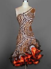 Faschingskostüm Latin Dance Kostüm Velours Leopard Print One-Shoulder ärmellose rückenfreie Rüschen Bodycon Latein Tanzkleid