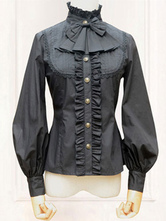 Blusa de Lolita para informal com gola alta gótica com mangas compridas de poliéster com laço top tops preta 