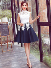White Prom Dress Lace Applique A Line Cocktail Dress High Collar Sleeveless Pleated Knee Length Homecoming Dress