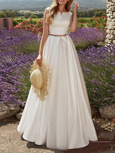 Brautkleider Vintage A-Linie- Elfenbeinfarbe Designender Ausschnitt Satingewebe ärmellos bodenlang Hochzeit natürliche Taillenlinie