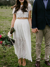Boho vestido de noiva uma linha jóia pescoço manga curta tornozelo comprimento do laço duas peças vestido de noiva