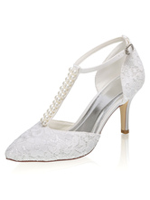 Zapatos de novia de satén 8cm Zapatos de Fiesta Zapatos Marfil    de tacón de stiletto Zapatos de boda de puntera puntiaguada con perlas