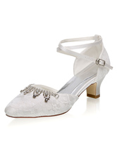Zapatos de novia de malla Zapatos de Fiesta de tacón gordo Zapatos Marfil    Zapatos de boda de puntera redonda 5cm con pedrería