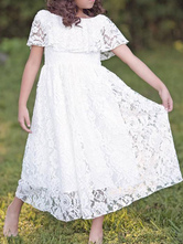 Blumenmädchenkleider Jewel Neck Lace Short Sleeves Knöchellangen A Line Plissee Formal Kids Pageant Dresses