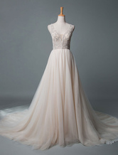シンプルなウェディングドレスAラインVネックノースリーブアップリケビーズ床長さの花嫁衣装