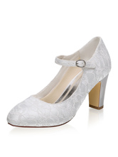 Sapatos de casamento do vintage Marfim Lace Toe redondo Chunky Heel sapatos de noiva Mary Jane Shoes