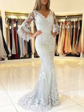 Lace Evening Dress Ivory V Neck Long Sleeve Floor Length Formal Dress Mermaid Party Dresses