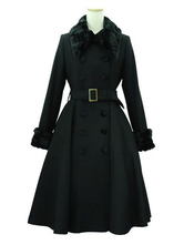 Classic Lolita Coats Black Coat Belted Furry Collar Overcoat Winter Lolita Outwears
