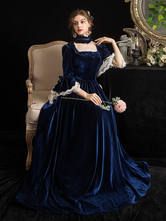 Viktorianisches Kleid Kostüme Abendkleid Velours Dunkelblau Kurze Ärmel Rechteckiger Ausschnitt Spitze Rüschen Mit Halsband Viktorianische Ära Kleidung Kostüme Halloween