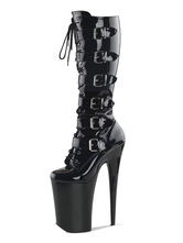 Botas de tacón alto sexy Cremallera de punta redonda Tacón de aguja Rave Club Botas negras sobre la rodilla Zapatos de baile de barra