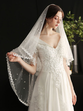 Wedding Veil One-Tier Pearls Tulle Lace Applique Edge Classic Bridal Veils