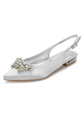 Wedding Shoes Satin Silver Pointed Toe Rhinestones Flat Sling Back Wedding Shoes