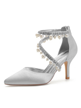 Wedding Shoes Silver Satin Pearls Pointed Toe Stiletto Heel Bridal Shoes