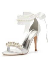 Chaussures de mariage Blanc Satin Perles Bout rond Talon aiguille Chaussures de mariée