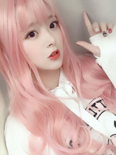 Perruque douce Lolita longue perruque de cheveux Lolita rose doux ébouriffé avec une frange