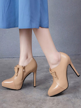 Women Ankle Boots Apricot Leather Pointed Toe Bows Side Zipper Stiletto Heel Ankle Boots