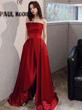 Vestido de noite A-Line Strapless Satin Fabric Andar de comprimento plissado Social Prom Dress