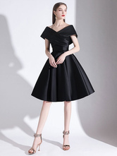 Cocktail Dress 2024 A-Line V-Neck Knee-Length Short Sleeves Lace-Up Pleated Satin Little Black Dress Free Customization