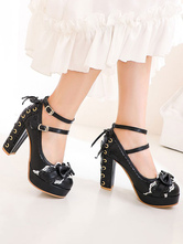 Chaussures Lolita douces arcs bout rond lacés pompes Lolita en cuir PU