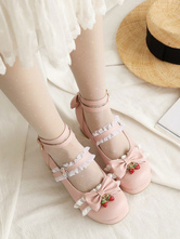 Sweet Lolita Shoes Bows Scarpe con tacco alto in pelle PU con punta tonda alla fragola