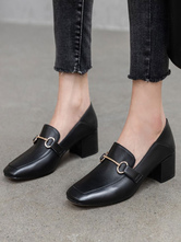 Mocassins de couro preto PU Toe quadrado Detalhes em metal Sapatos casuais Sapatos femininos