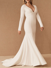 Robes de mariée causales simples manches longues col en V robe de mariée sirène