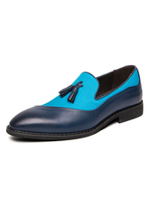 Zapatos de cuero sin cordones con borlas azules Cozy Color Block para hombre