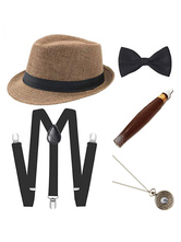 Accesorios de gángster Gatsby para hombre de los años 20 conjunto de 5 piezas sombrero de Panamá pajarita con tirantes