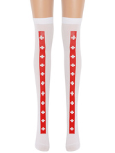 Girl Saloon Stockings White Cross Knee High Socks Halloween Cosplay Costume Accessories