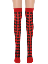 Women Saloon Stockings Red Black Plaid Knee High Socks Halloween Cosplay Costume Accessories