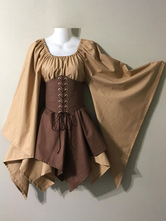 Mittelalterliches Vintage-Kleid Brown Layered Long SleevesHalter Swing Dress Ballkleid