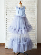 Flower Girl Dresses Jewel Neck Sleeveless Bows Formal Kids Blue Pageant Dresses