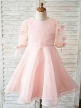 Blumenmädchenkleider Jewel Neck Kurzarm Kids Pink Social Party Kleider