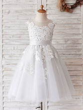 Flower Girl Dresses Jewel Neck Sleeveless Buttons Formal Kids White Pageant Dresses