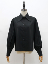 黒ロリータブラウスポリエステルターンオーバーカラー長袖トップクラシックロリータシャツ